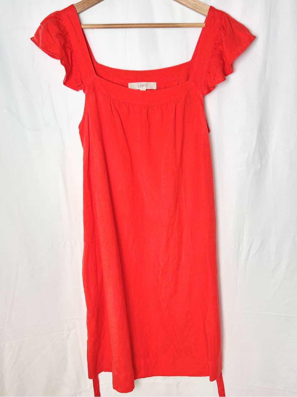 LOFT Red Square-Neck, Linen Blend, Tie Waist Dress with Flutter Sleeves